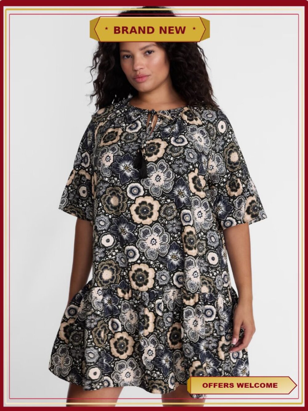 Plus Size Mini Swing Dress Short Puff Sleeves Tie Front Tassels Casual